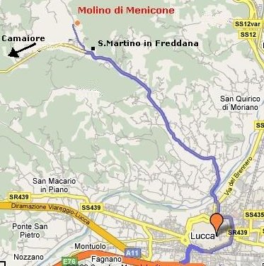 la mappa stradale da Lucca fino al Museo del Molino